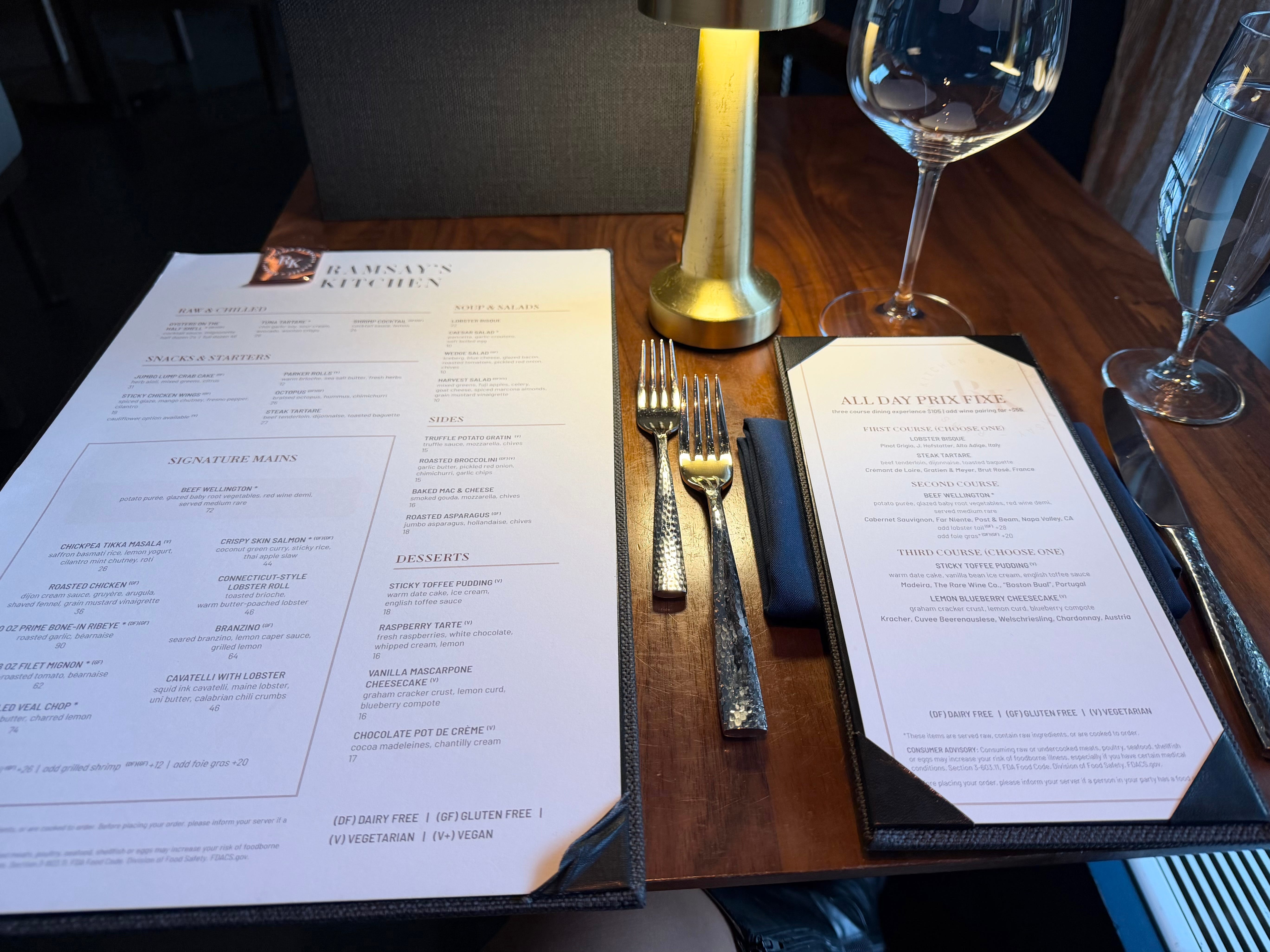 The menus on the table at Ramsay's Kitchen.