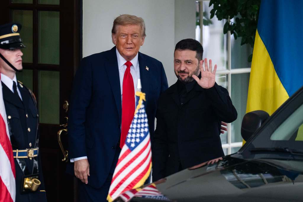 President Donald Trump greets Ukrainian President Volodymyr Zelenskyy at the White House.
