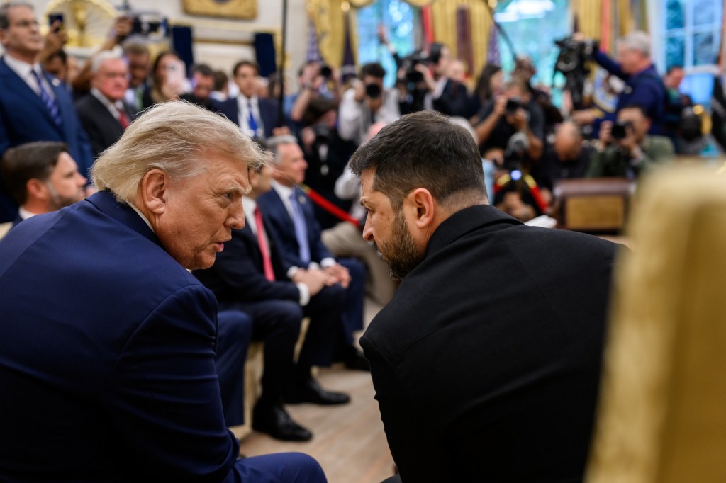 Former President Trump and President Zelenskyy of Ukraine in a bilateral meeting.