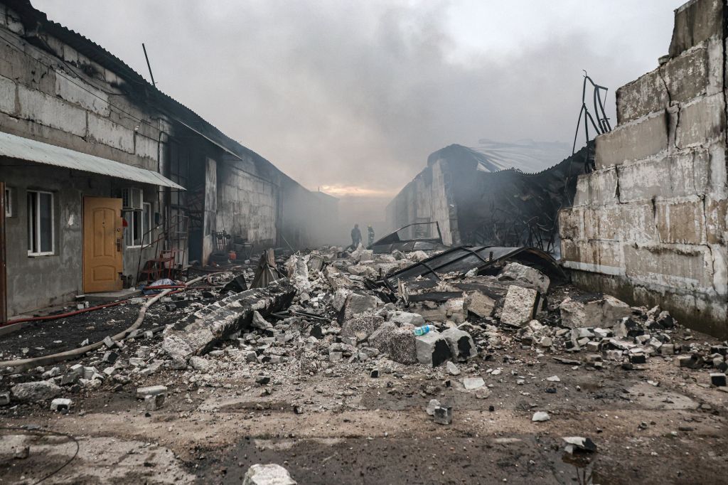 Rubble on the ground at warehouses damaged by a Russian drone attack in Odesa region, Ukraine.