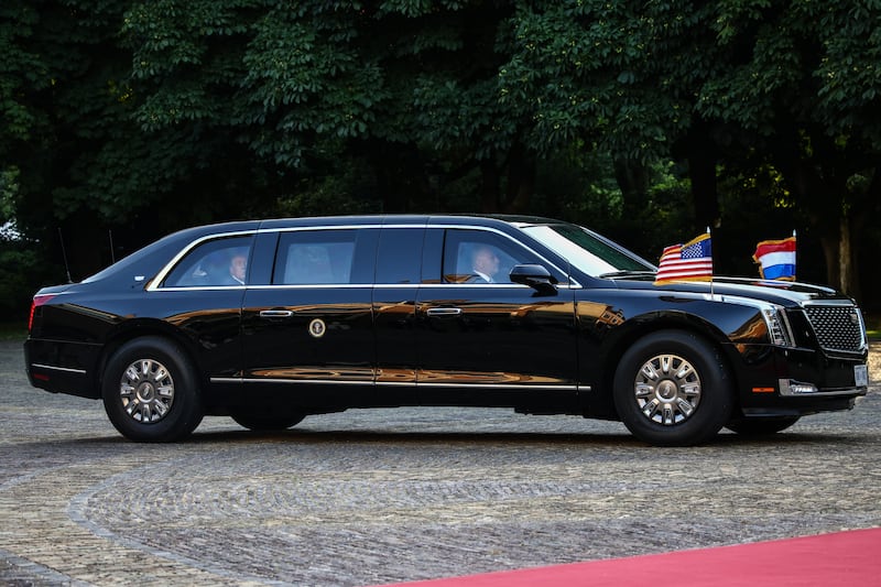 President of the United States of America Donald Trump arrives in The Beast at Royal Palace 'Huis ten Bosch' for the social dinner for Heads of State and Government