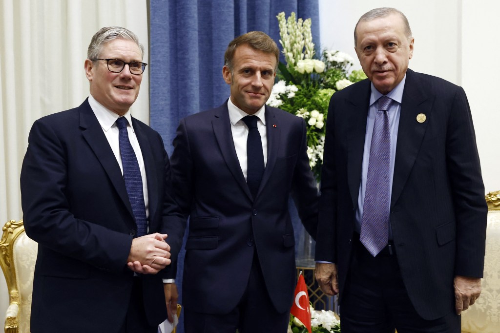 Britain's Prime Minister Keir Starmer, France's President Emmanuel Macron, and Turkey's President Recep Tayyip Erdogan at the Sharm El-Sheikh Peace Summit.