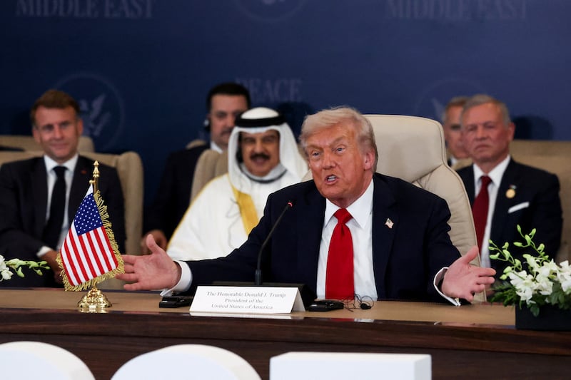President Donald Trump gushed about his love for tough people during remarks at a world leaders' summit on ending the Gaza war on October 13, 2025.