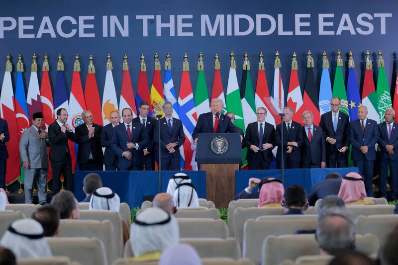 President Donald Trump speaks while World leaders listen during a summit of European and Middle Eastern leaders on Gaza on October 13, 2025 in Sharm El-Sheikh, Egypt.