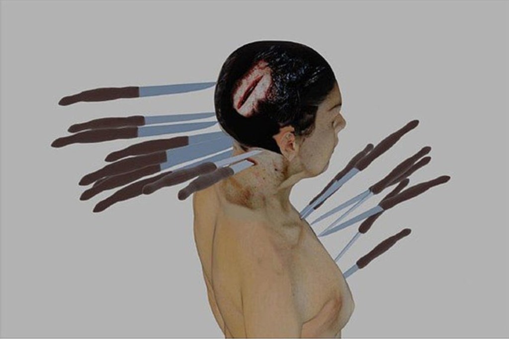 Illustration of Ellen Greenberg's knife wounds, showing knives embedded in her head, neck, and upper torso.