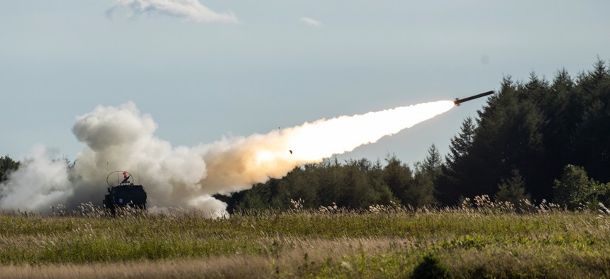 An M142 High Mobility Artillery Rocket System fires a Reduced-Range Practice Rocket during Orient Shield 25 at the Yausubetsu Maneuver Area, Hokkaido, Japan, Sept. 22, 2025.