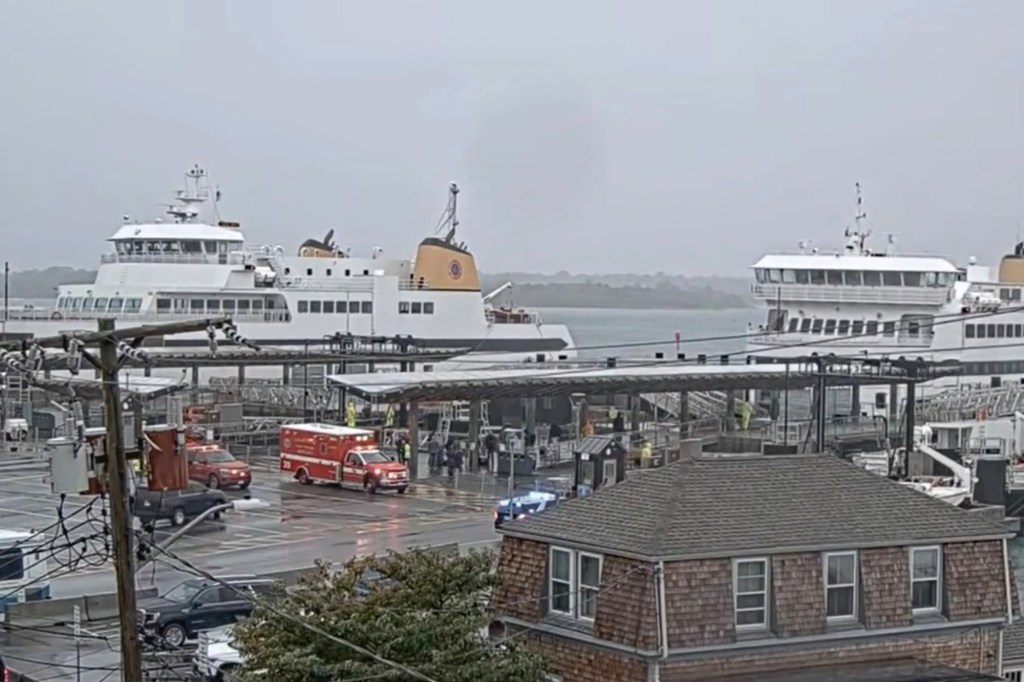 Ambulance and emergency vehicles at a ferry terminal with two large ferries docked.