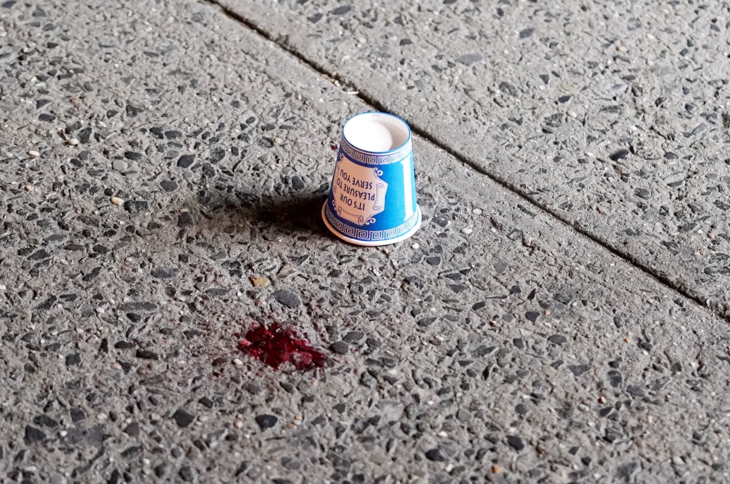 The violent mugger, seen wearing all black, grabbed the 35-year-old woman’s phone at West 58th Street and Ninth Avenue in Hell’s Kitchen around 12:50 a.m. Saturday, police said. 