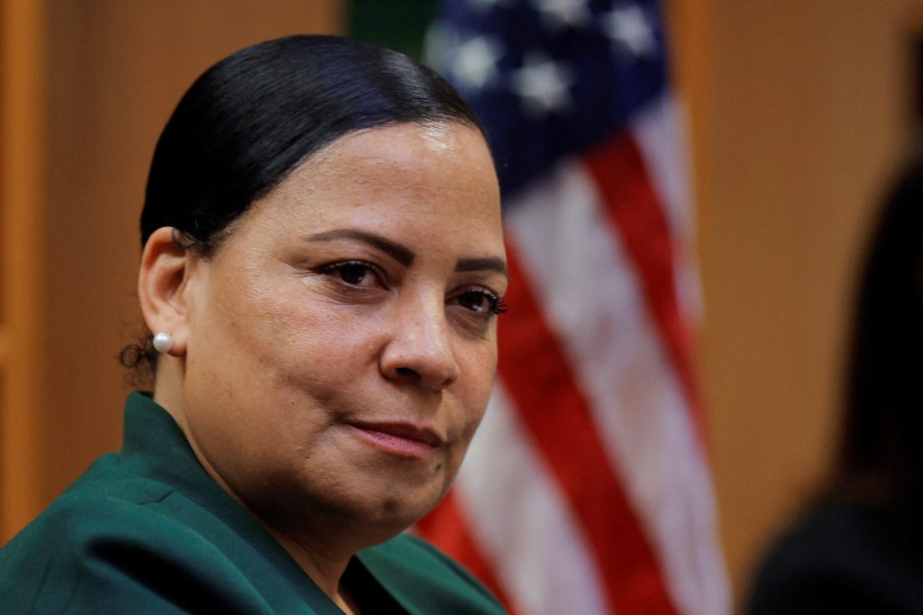 U.S. Attorney for Massachusetts Rachael Rollins speaks to reporters.