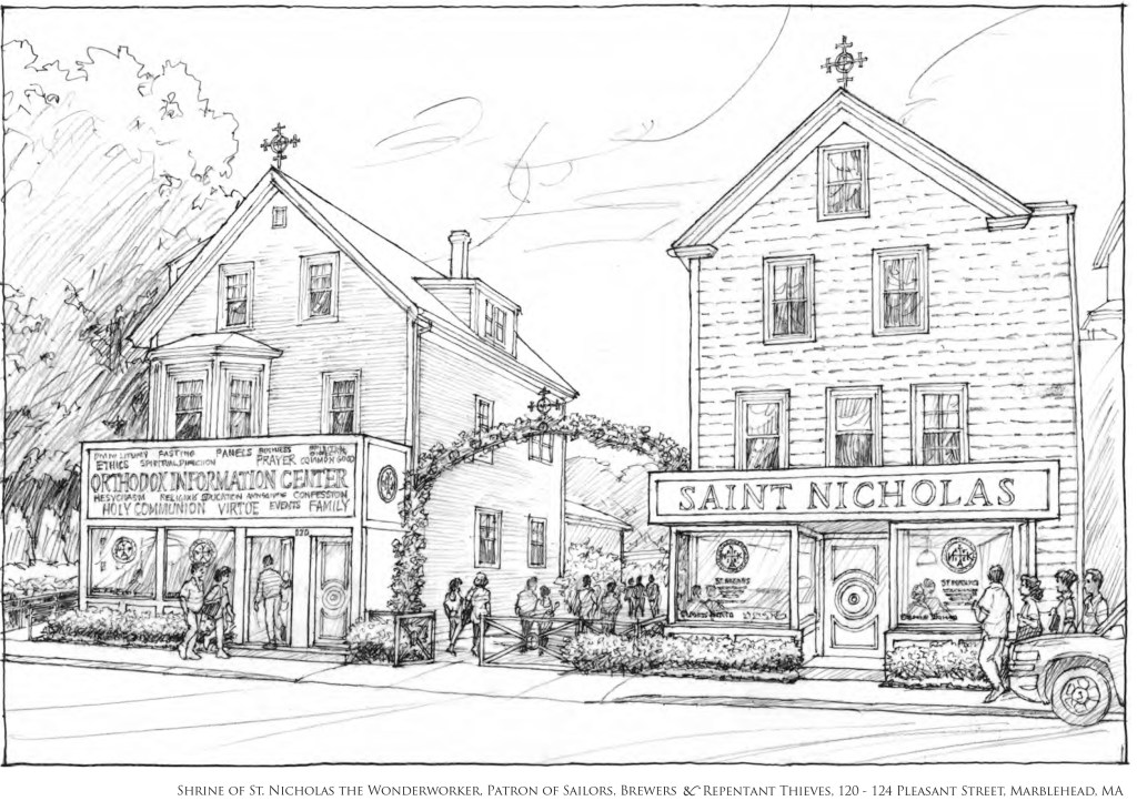 Illustration of the Saint Nicholas Shrine and an Orthodox Information Center.