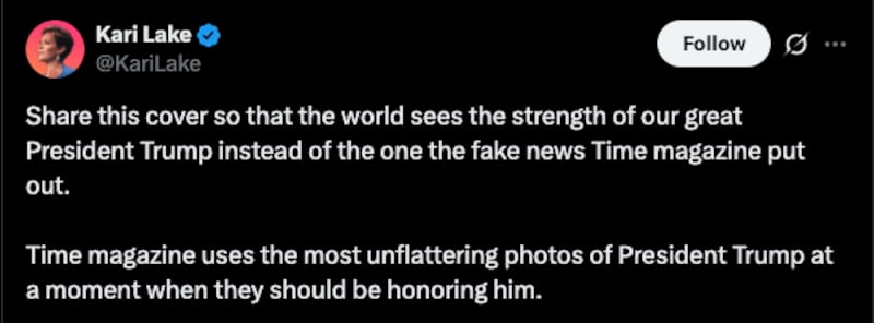 Kari Lake's post complaining about the Time cover of Trump.