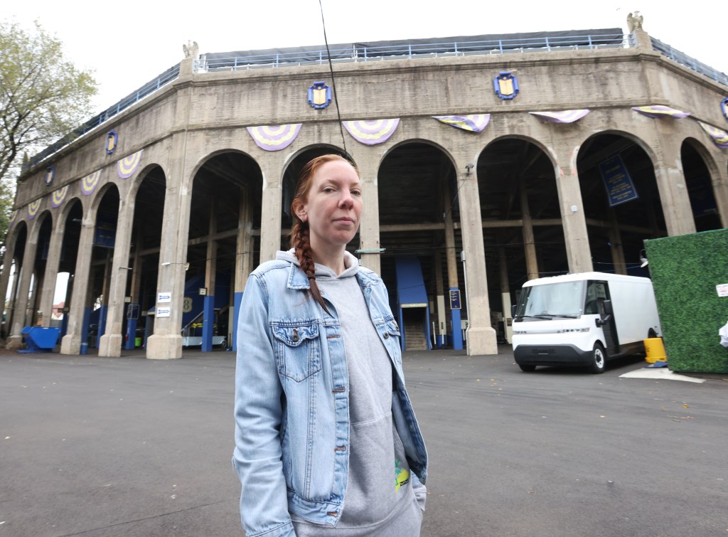 Jenna Cavuto stands outside the stadium.