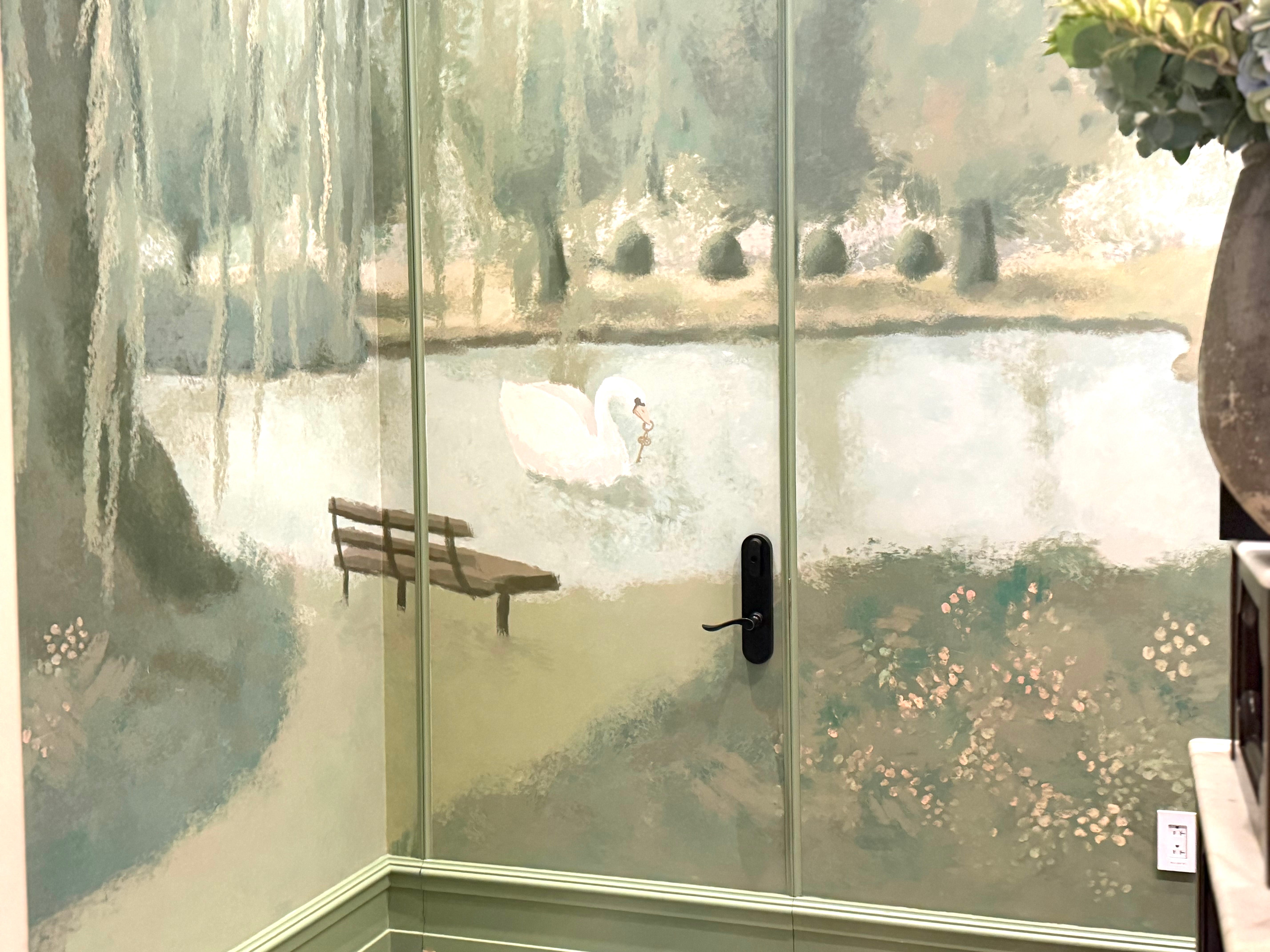A hidden door painted to blend into the wall.