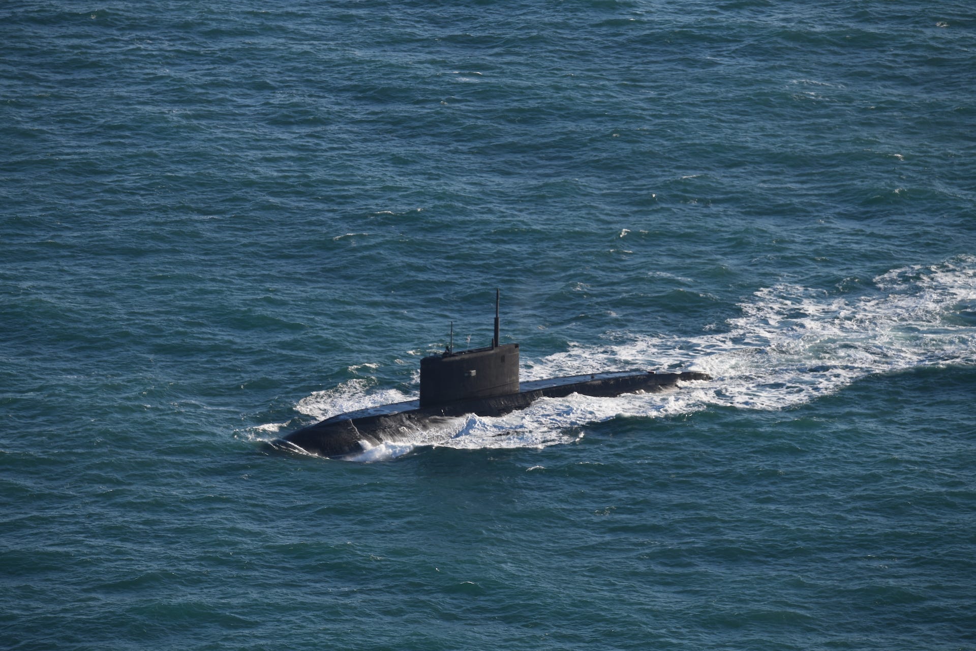 The Russian submarine Novorossiysk sails near the Netherlands in 2025.