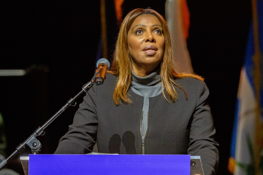 New York Attorney General Letitia James speaking at a campaign rally.
