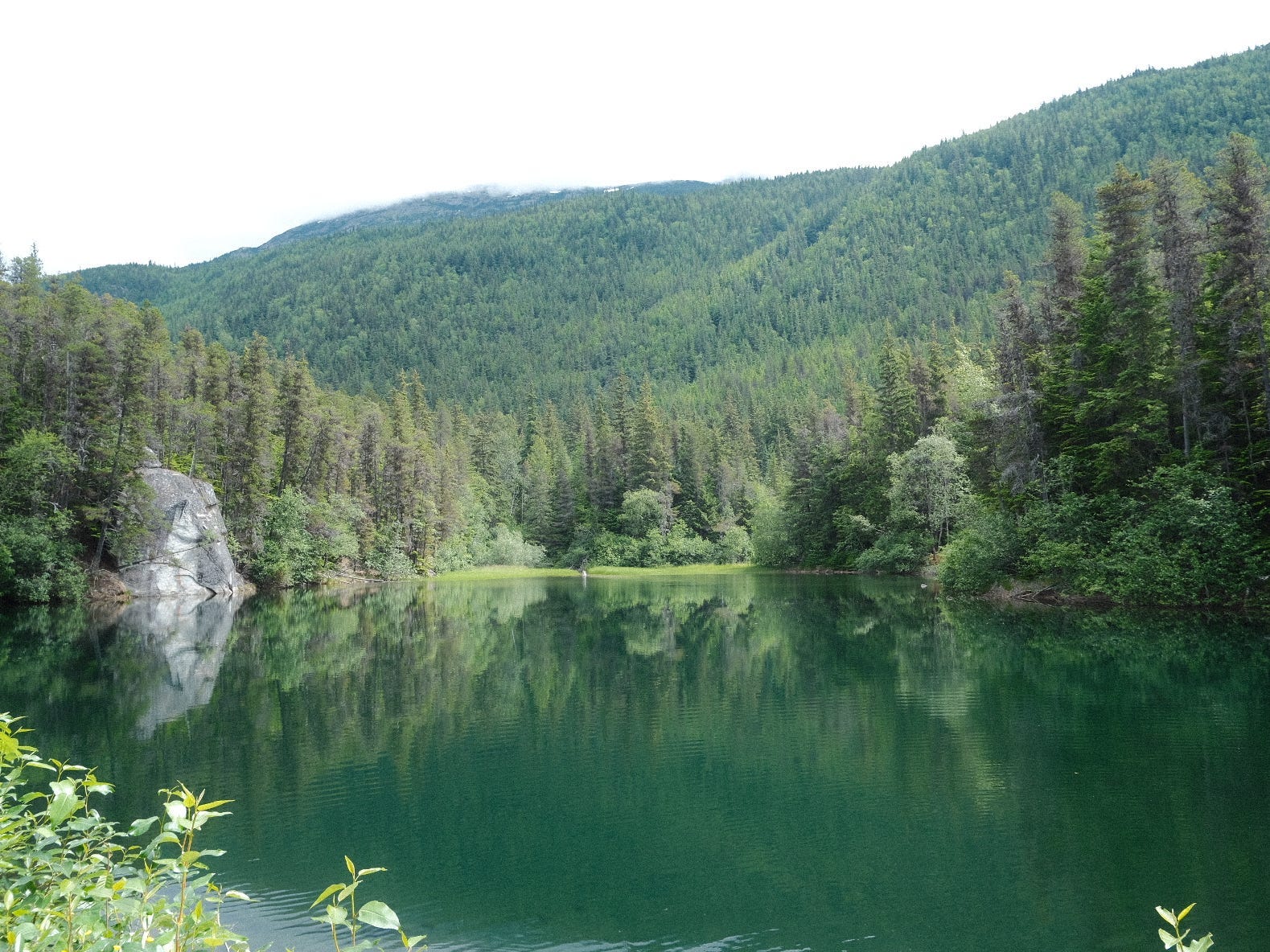 A wide shot of Lake Skagway and the surrounding greenery.