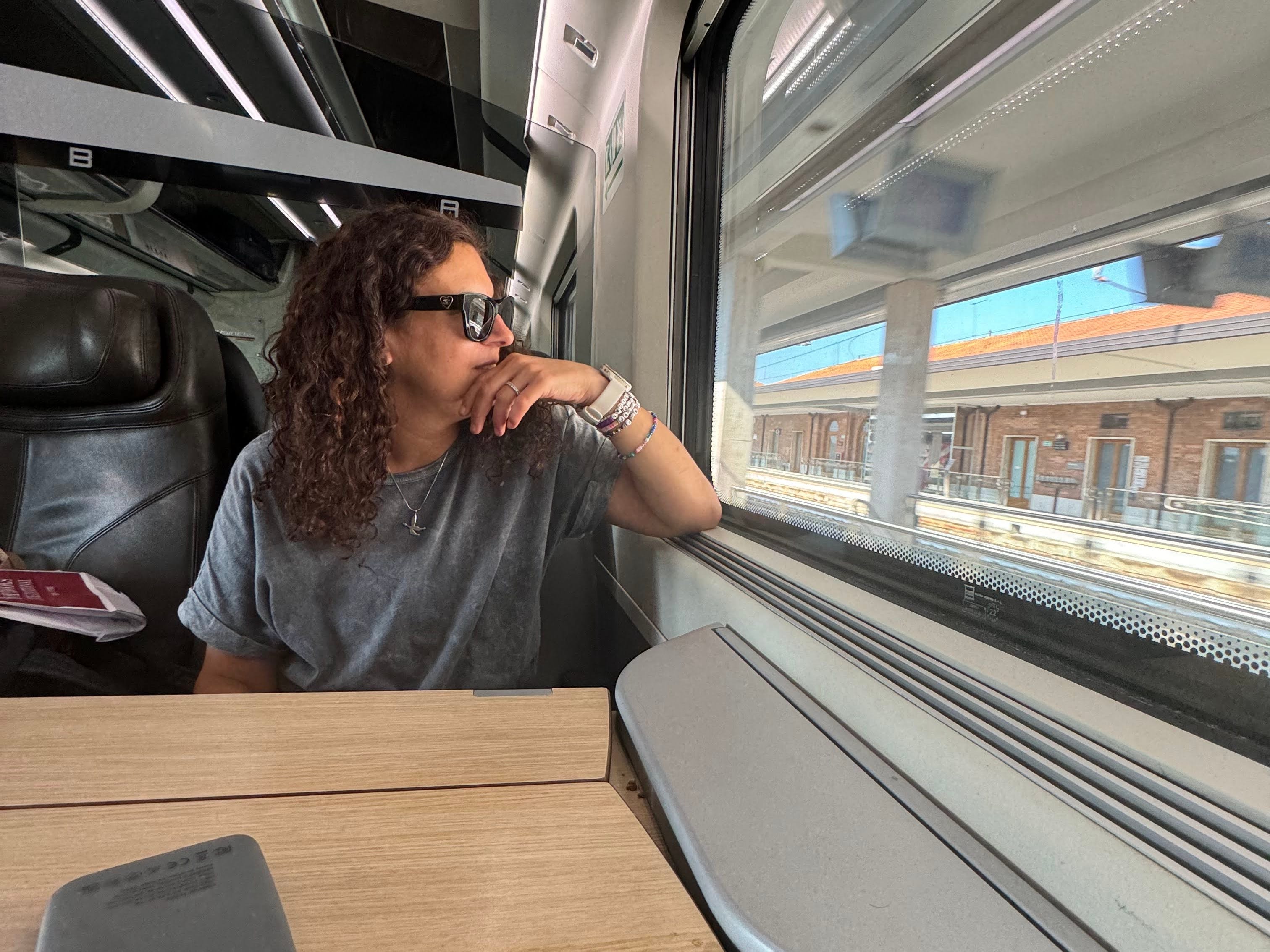 A woman wearing sunglasses looking out the window on a train.