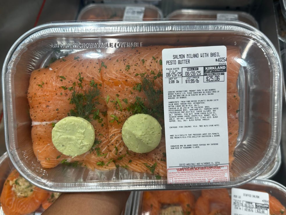 Composite of Costco salmon filets and Alaskan salmon burgers