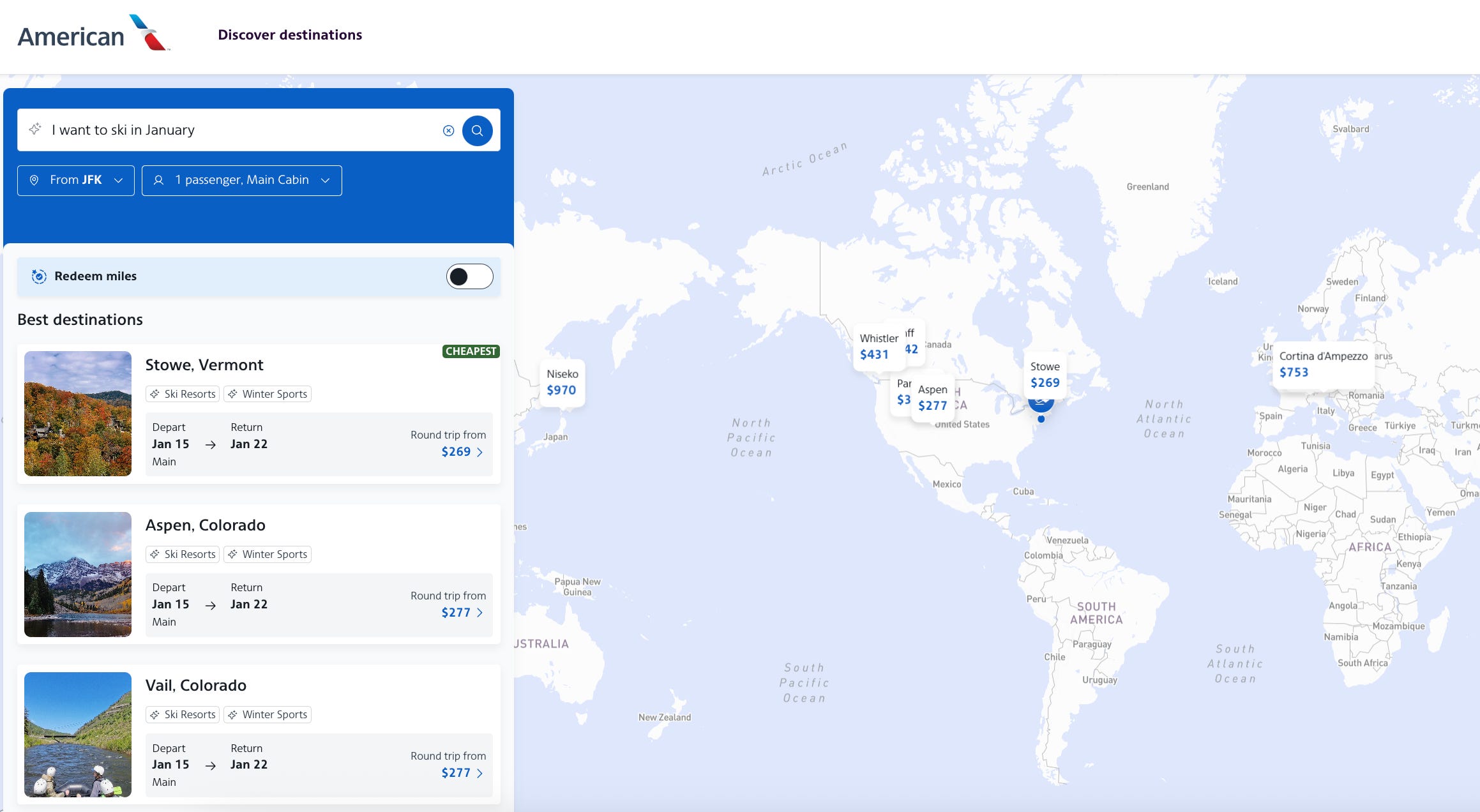 Screenshot of the AA tool showing ski destinations home and abroad.