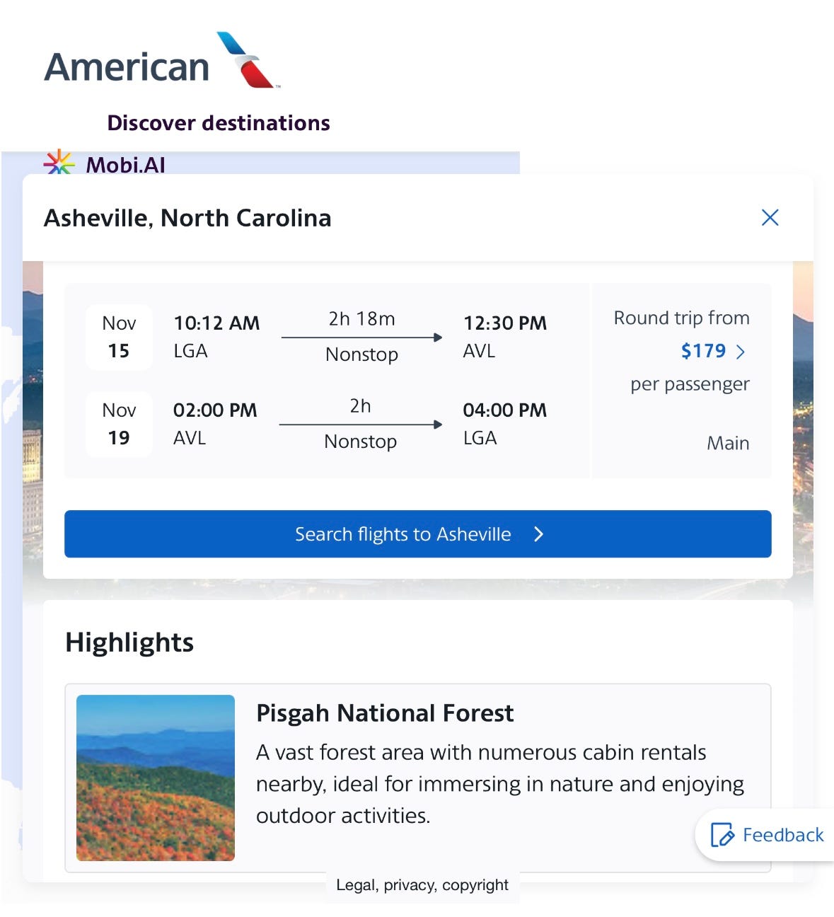 Screenshot of the AA AI showing Asheville for about $180 RT.