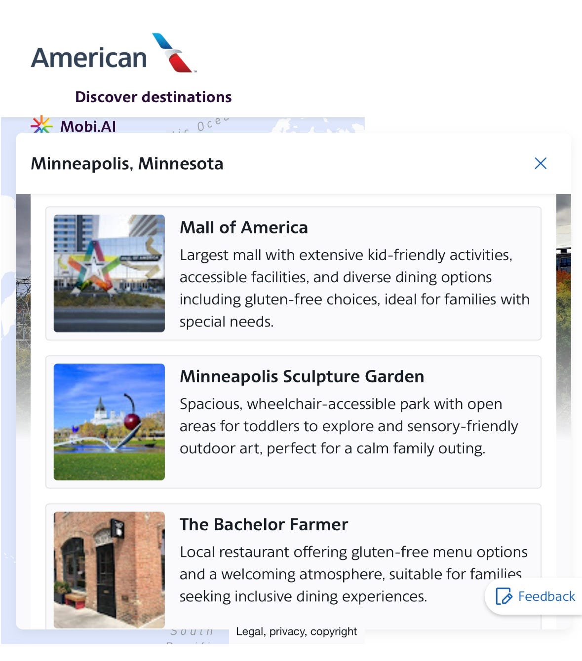 Screenshot showing the mall of America and park and bachelor farmer activities for Minneapolis.