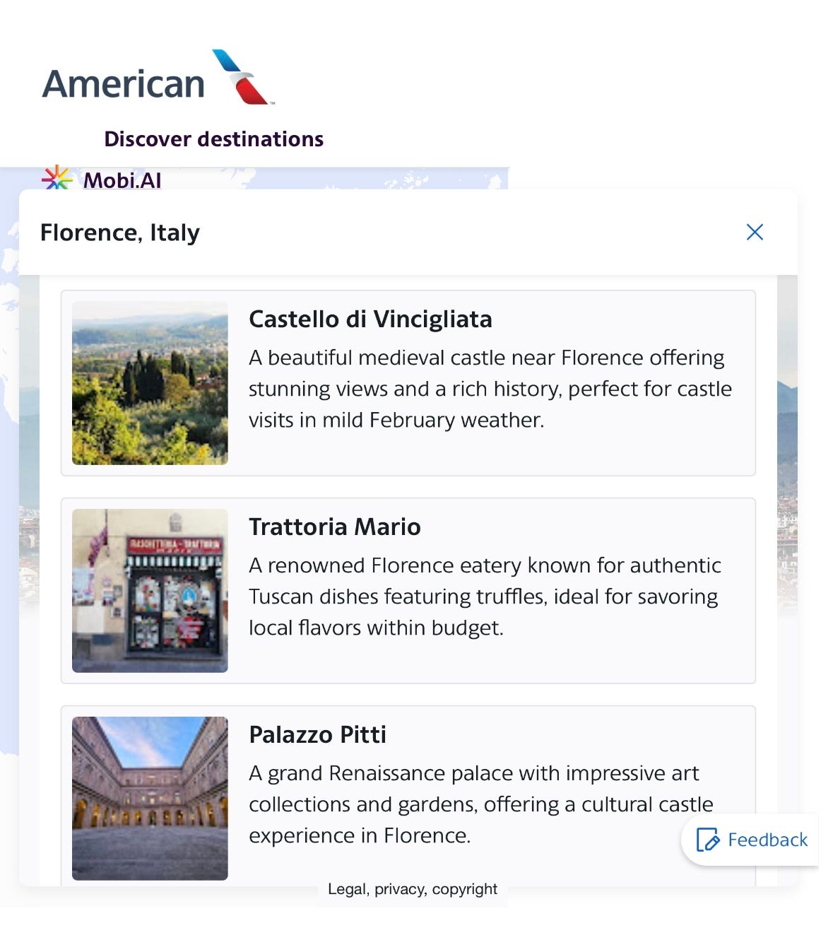 Screenshot of activities in Florence, including the Castello di Vincigliata, the Trattoria Mario restaurant, and the Palazzo Pitti palace.