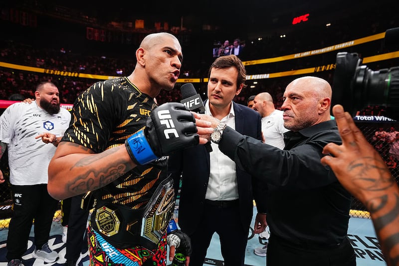 Joe Rogan interviews Alex Pereira of Brazil in the UFC light heavyweight championship fight during the UFC 320 event at T-Mobile Arena on October 04, 2025 in Las Vegas, Nevada.