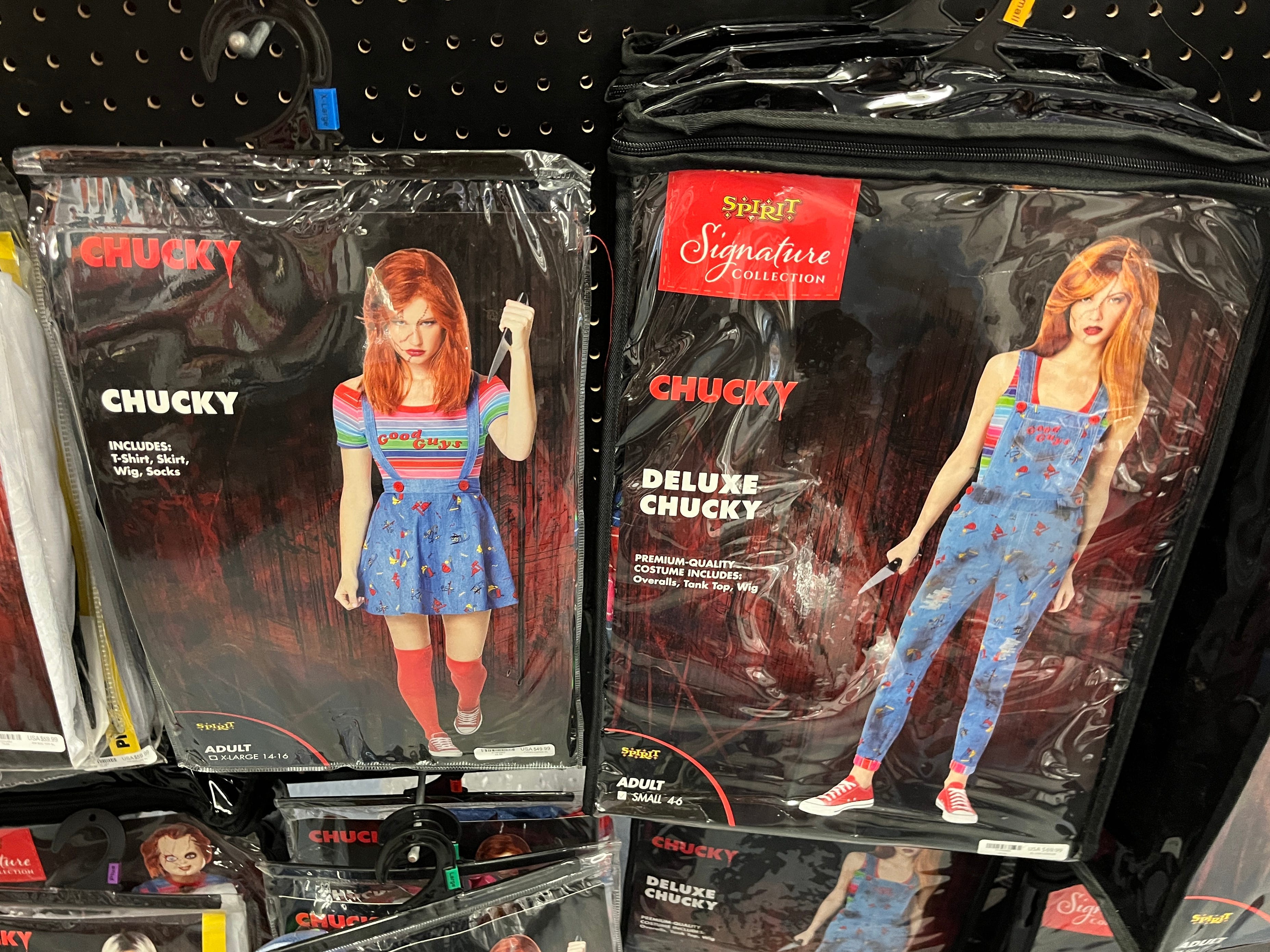 Two Chucky Halloween costume packages, with the one on the left reading