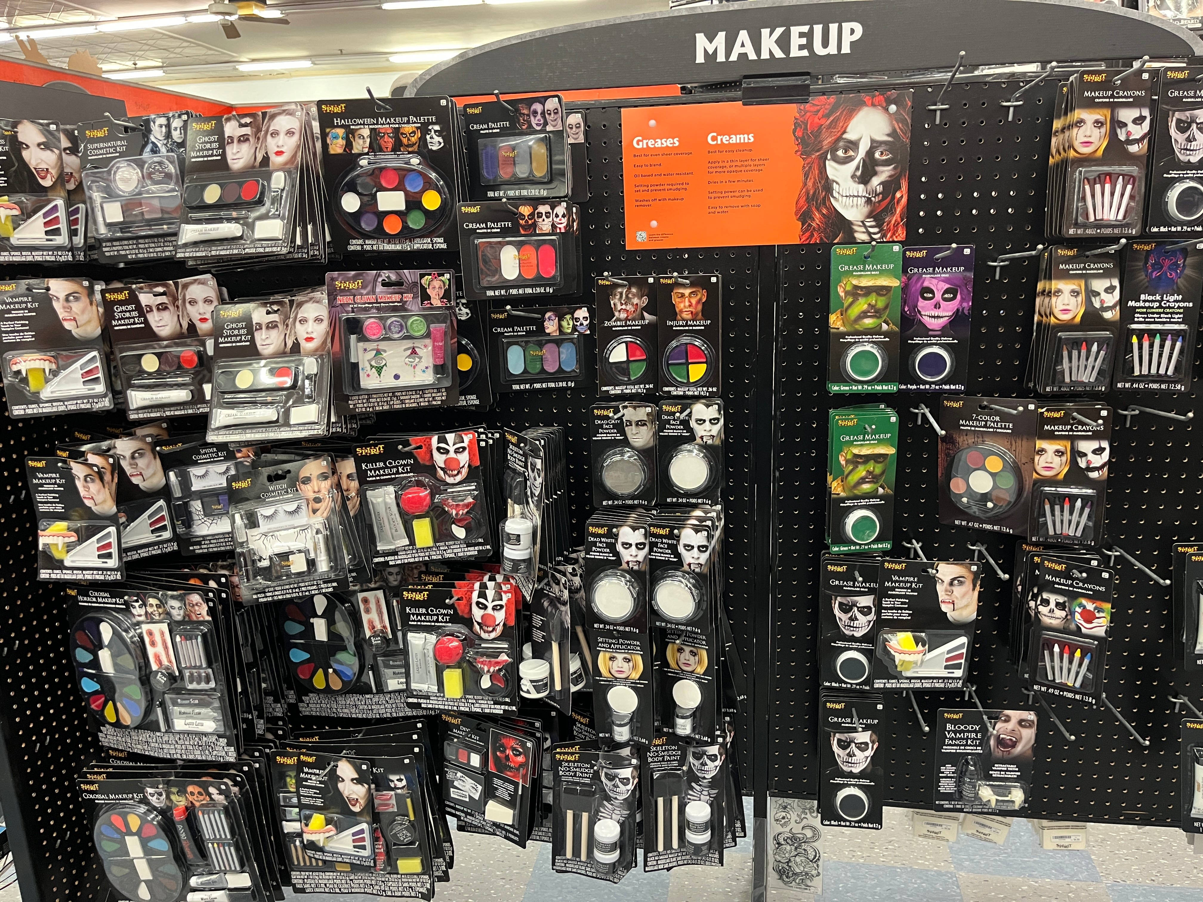 A makeup display at Spirit Halloween.