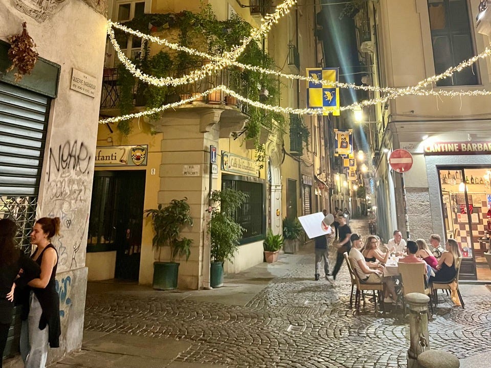 Walkable area with string lights in Turim at night