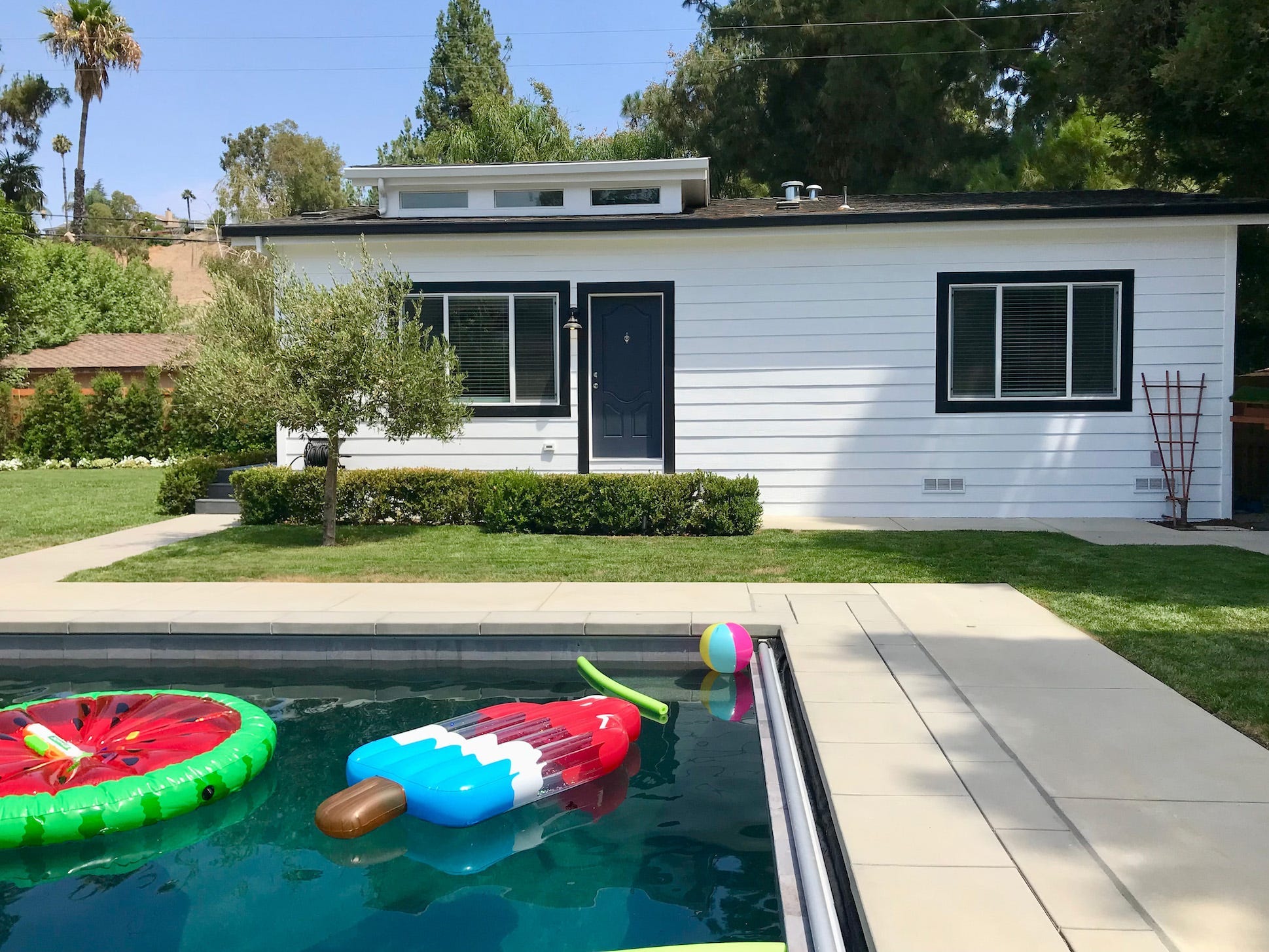 A 400-square-foot, one-bedroom Villa ADU with a shed-style roof in a San Jose backyard.