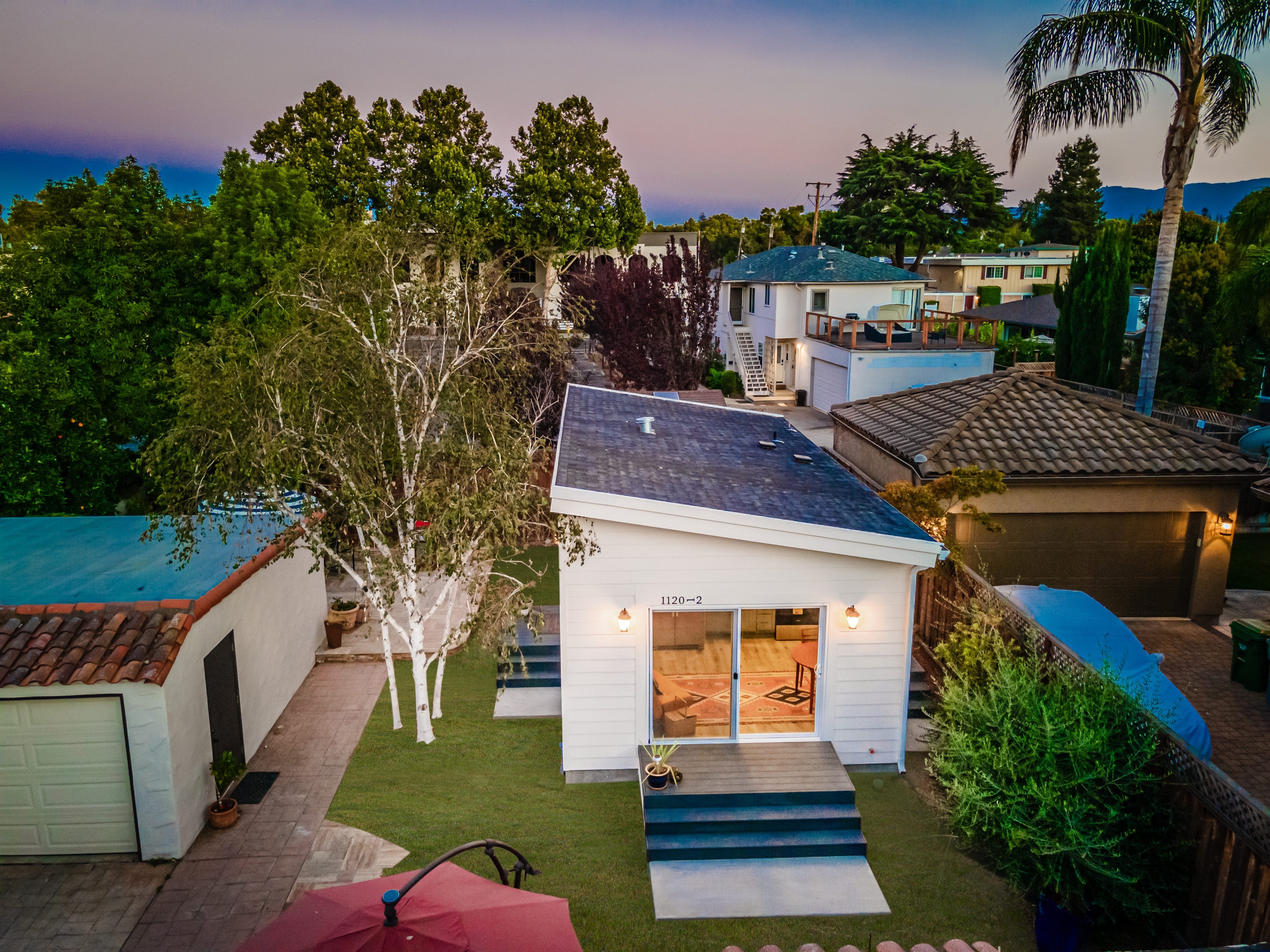 A 400-square-foot, one-bedroom Villa ADU with a shed-style roof in a San Jose backyard.