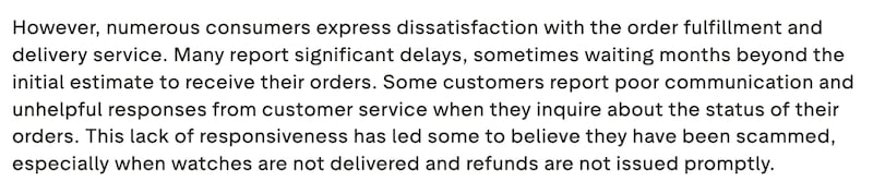 An AI summary of the negative reviews on Trustpilot for gettrumpwatches.com.