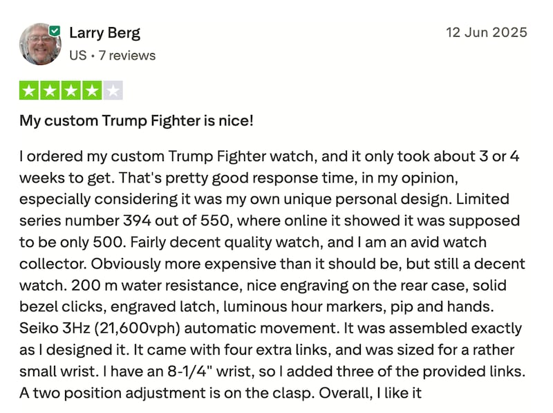 A review of Trump's watches at Trustpilot.