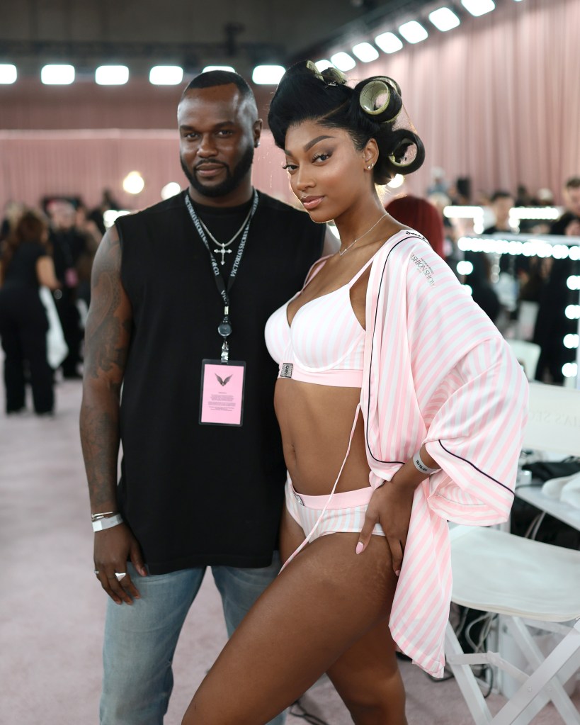 Jawara and Angel Reese backstage before the Victoria's Secret Fashion Show