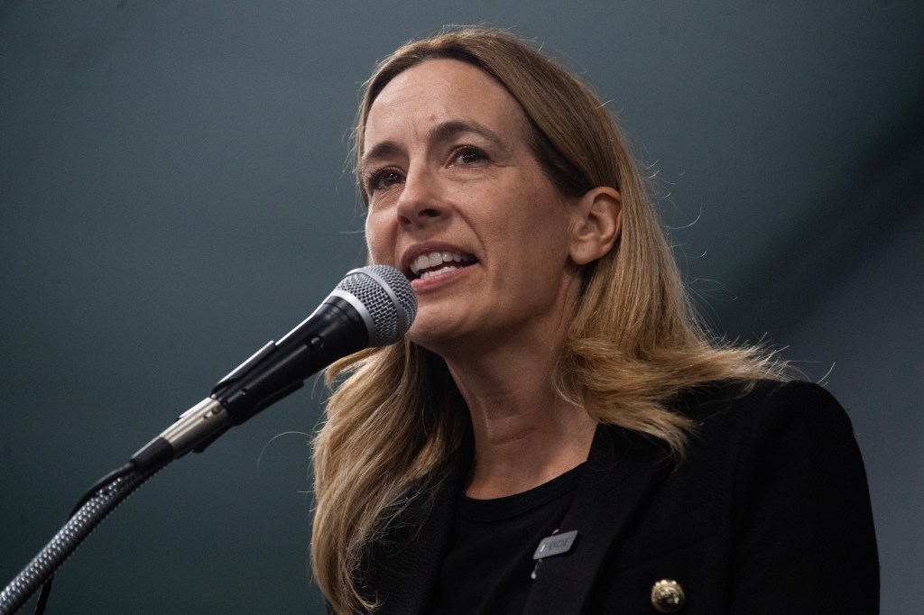 Democratic candidate Mikie Sherrill speaking at an event in Westville, New Jersey.