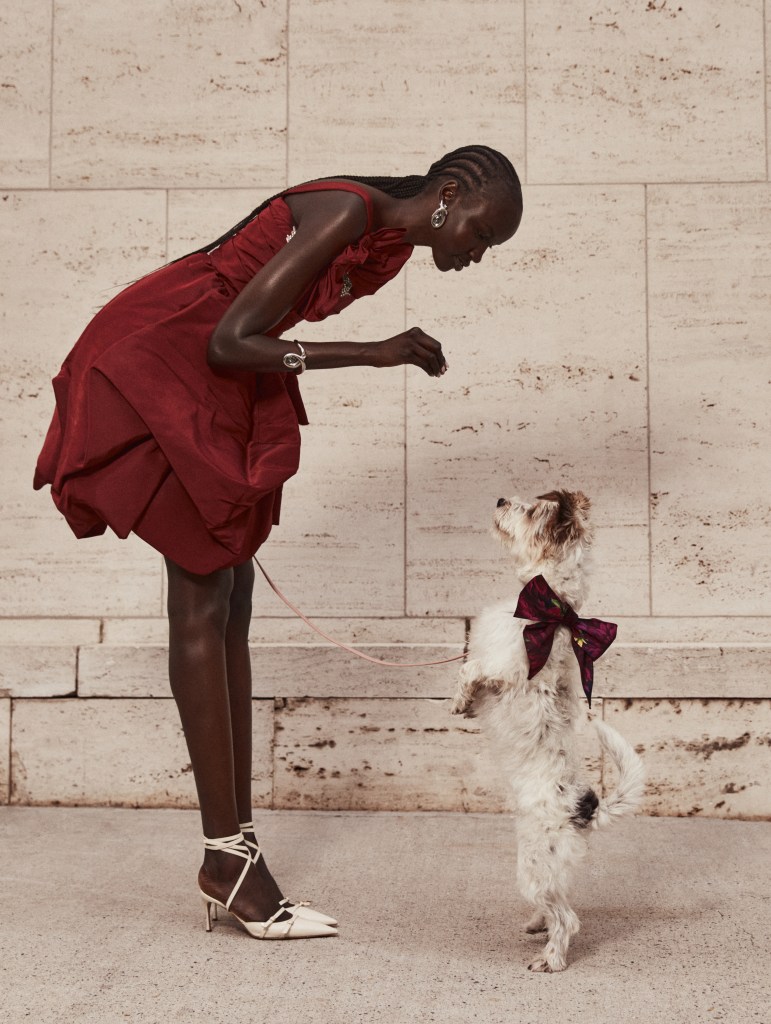A model in a red dress playing with a dog in an Oscar de la Renta x Simon Sits fashion collaboration.