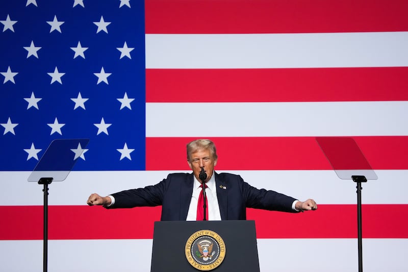 President Donald Trump speaks to senior military leaders on September 30, 2025 in Quantico, Virginia.