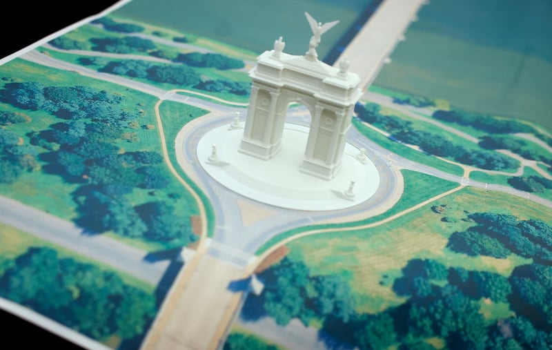 The proposed triumphal arch would sit across the Potomac River at the end of the Arlington Memorial Bridge.