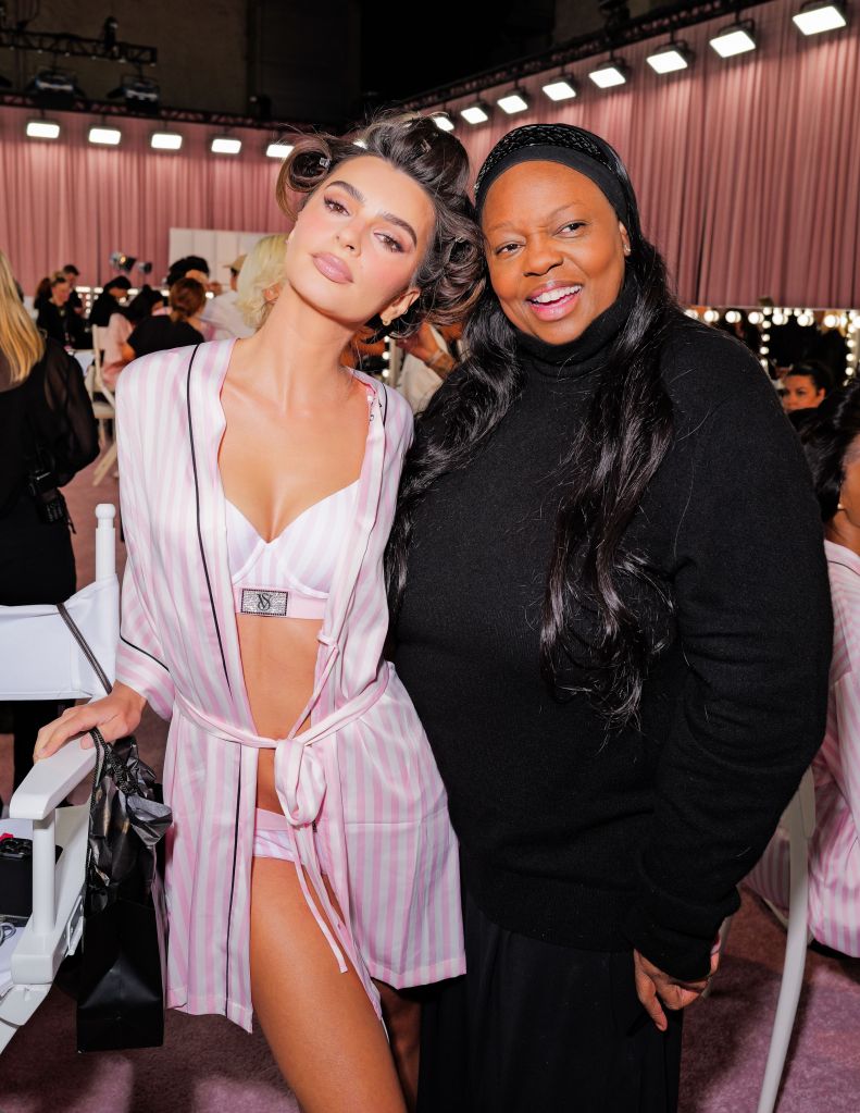 Emily Ratajkowski and Pat McGrath backstage at the 2025 Victoria's Secret Fashion Show.