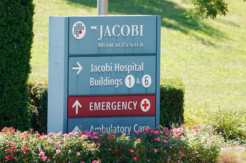 A sign for Jacobi Medical Center, Jacobi Hospital Buildings 1 & 6, and Emergency.