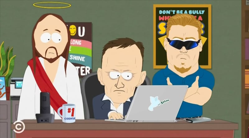 South Park, Jesus, Peter Thiel, and PC Principal looking at a computer.
