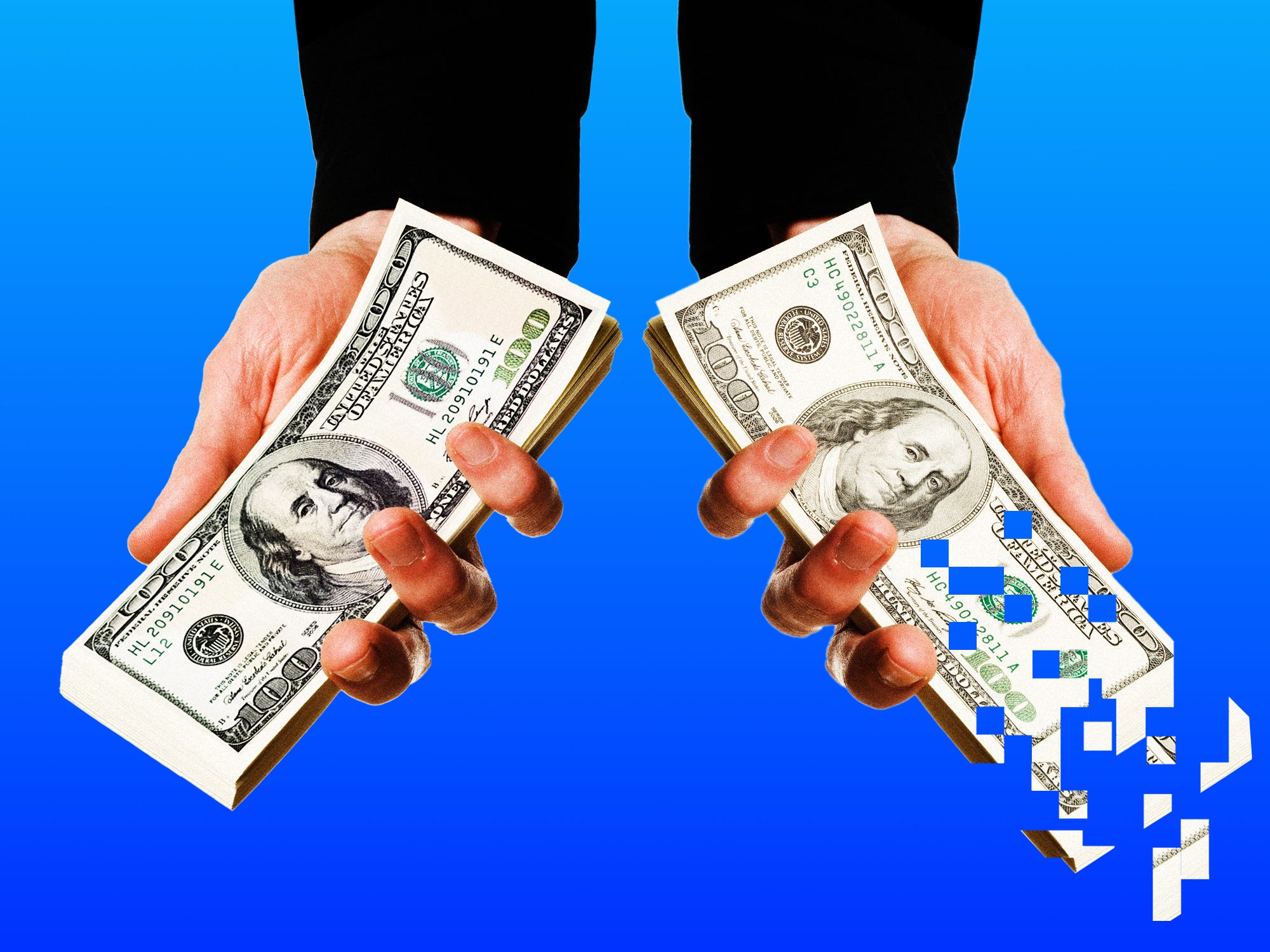 Two hands holding stacks of cash and one of them dissapearing pixel by pixel