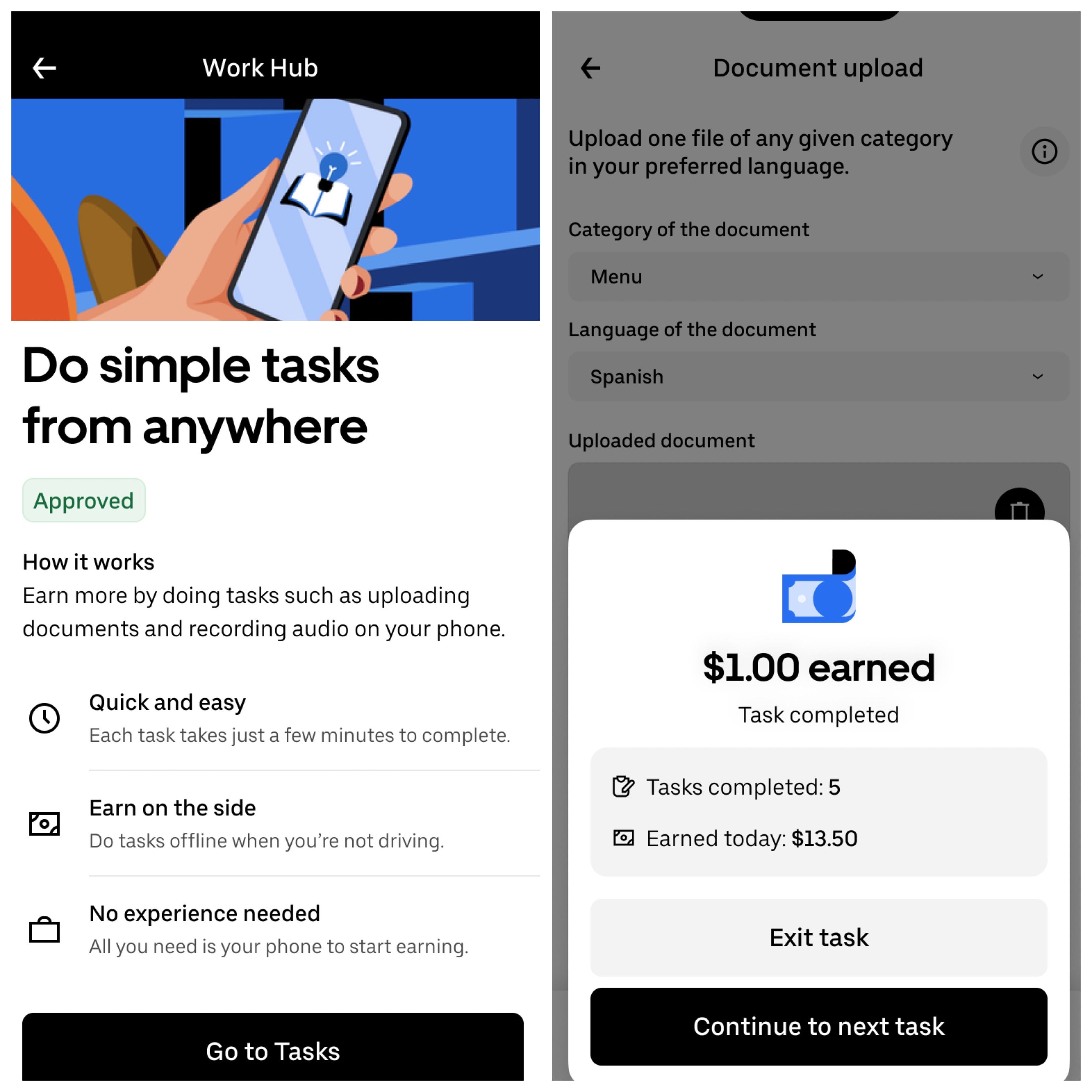 Two screenshots of Uber's Digital Tasks feature show, on the left, instructions for completing a a task and, on the right, a task payout of $1.