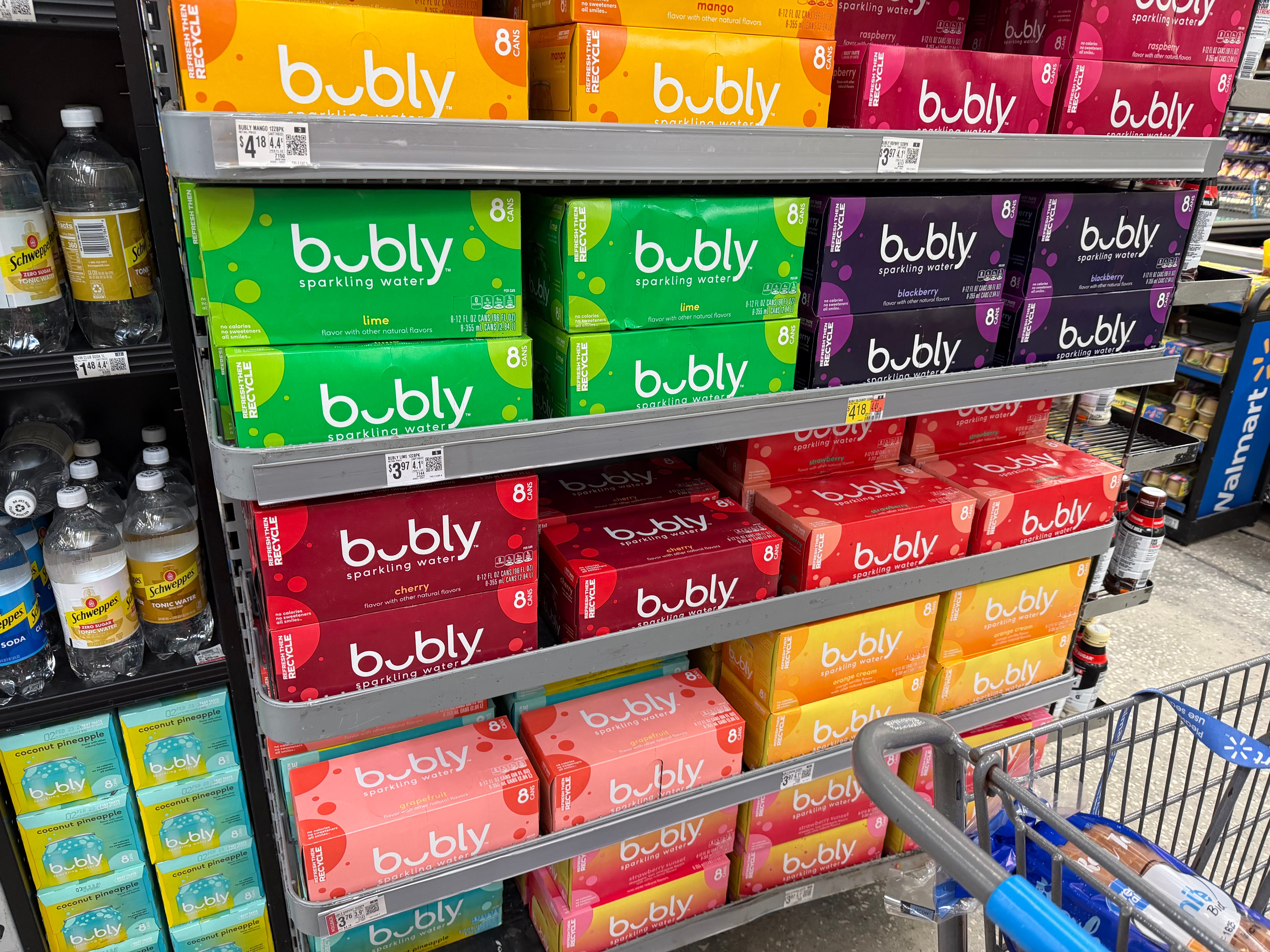 Bubbly sparkling water on shelf at Walmart