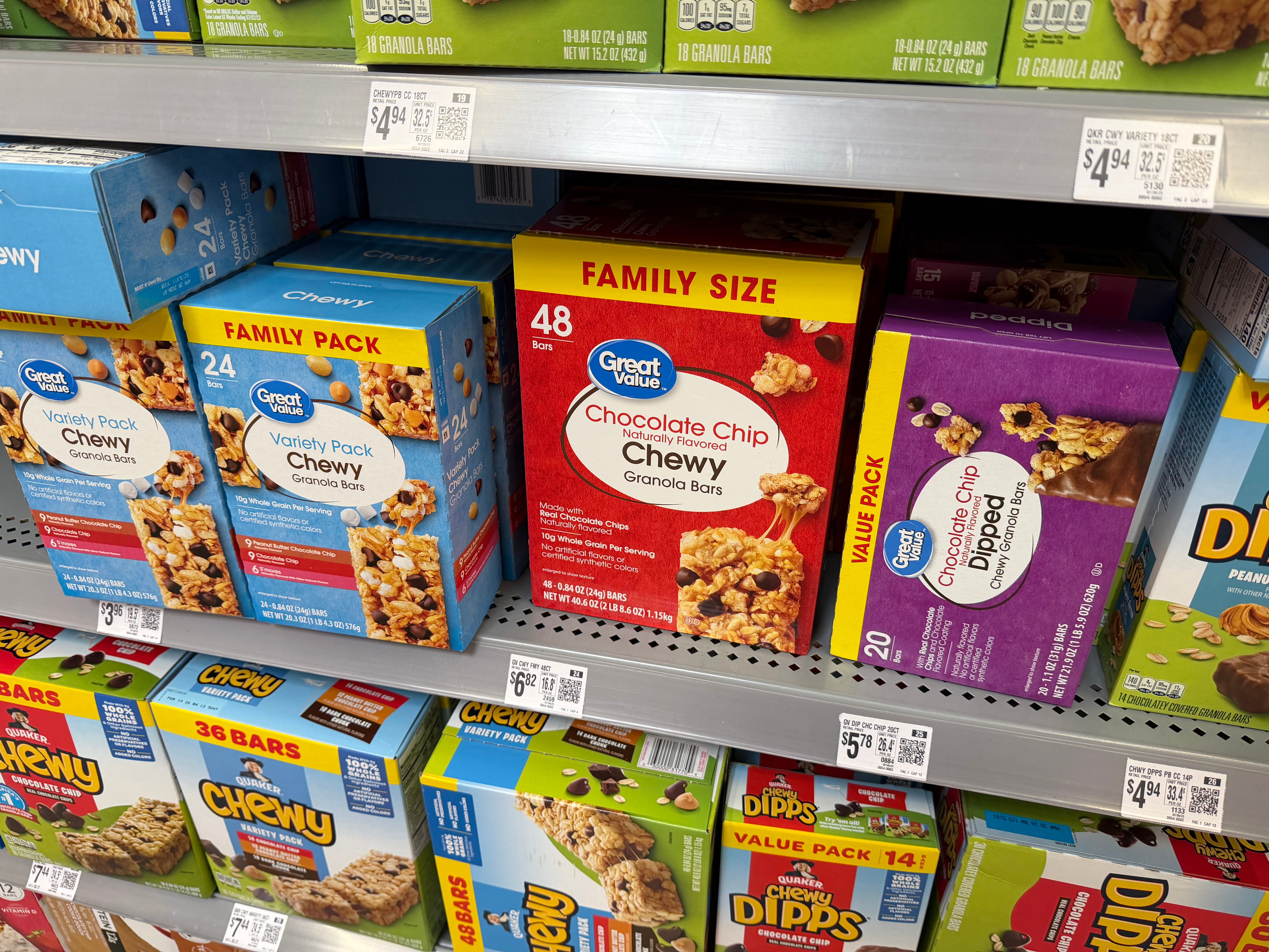 Great Value granola bars on shelf at Walmar