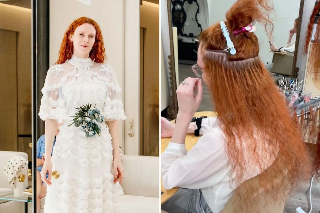 An image collage containing 2 images, Image 1 shows Model Karen Nelson in a white ruffled dress with blue floral embellishments, Image 2 shows A woman with red hair extensions getting her hair done