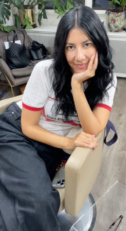 Stephanie Beatriz getting hair extensions by Ester Yuabova.