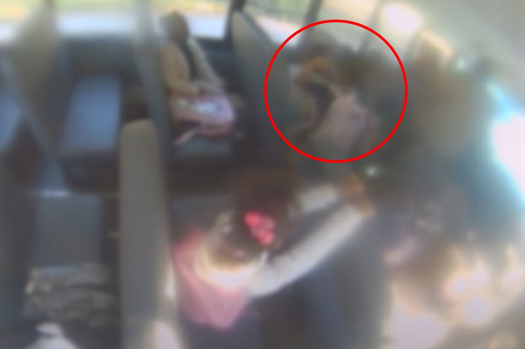 The father allegedly directed his 6-year-old daughter to attack another girl on a school bus, video shows.