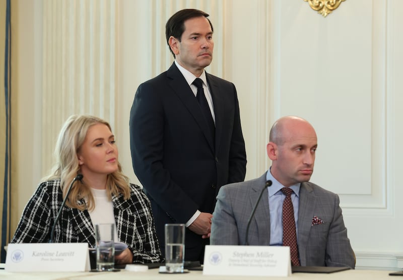 look on during a roundtable discussion in the State Dining Room of the White House on October 08, 2025 in Washington, DC. Trump’s administration held the roundtable to discuss the anti-fascist Antifa movement after signing an executive order designating it as a “domestic terrorist organization”. (Photo by Anna Moneymaker/Getty Images)